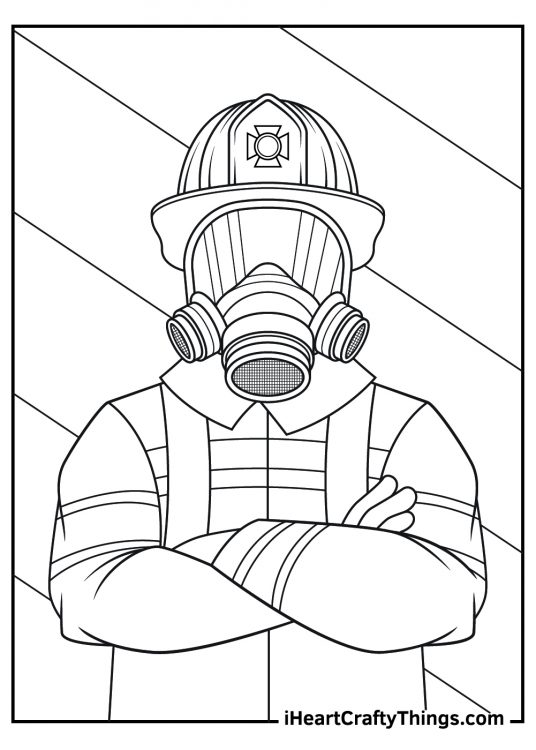 Fire department-themed close-up portrayal of a fireman posing with arms crossed on the chest and wearing gasmask