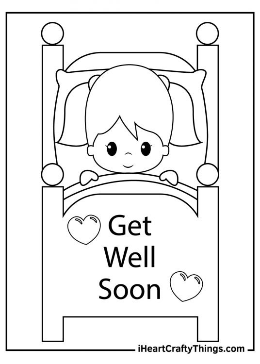 Coloring sheet depicting little poorly girl laying in her bed and a Get Well Soon phrase written on the bed