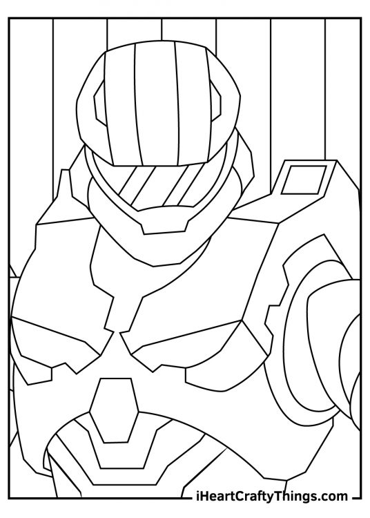 Halo-themed coloring sheet featuring character Master Chief drawn in a simple style