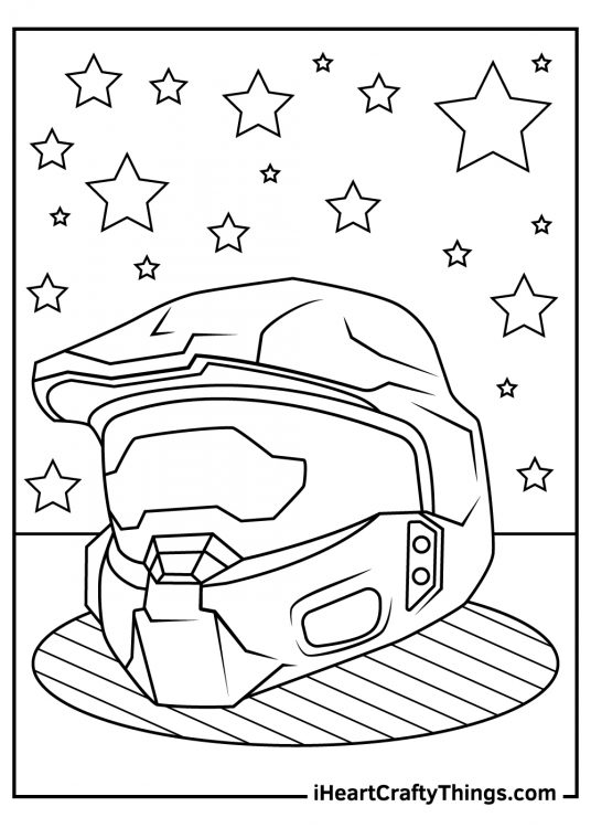 Halo coloring picture Master Chiefs helmet laid down with stars in the background