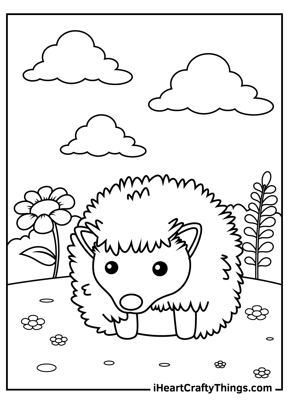 Hedgehog coloring page presenting cute little hedgehog surrounded by nature and fluffy clouds