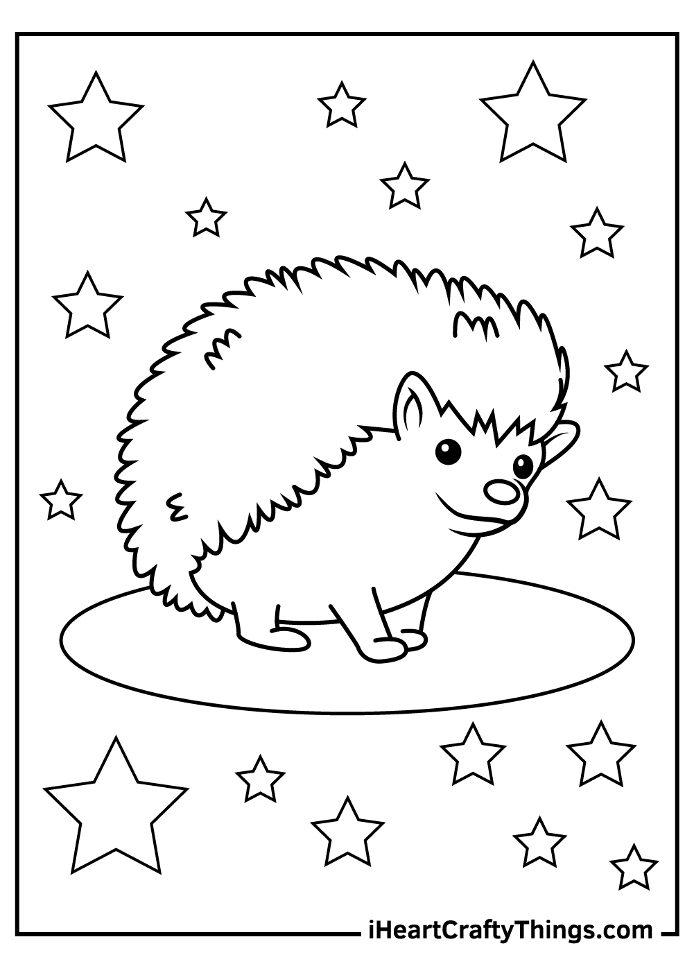 Printable coloring image of a little hedgehog featured on a spotlight surrounded by stars