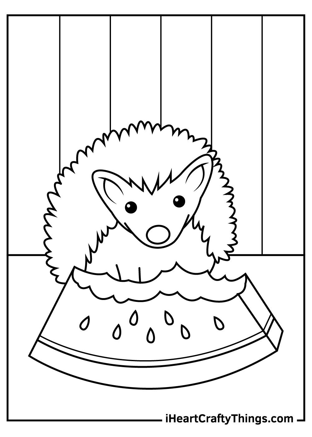 Detailed coloring picture for kids featuring hedgehog munching on a delicious watermelon