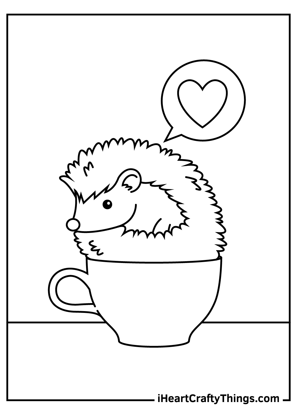 Free coloring printable featuring hedgehog sitting in a teacup and feeling the love