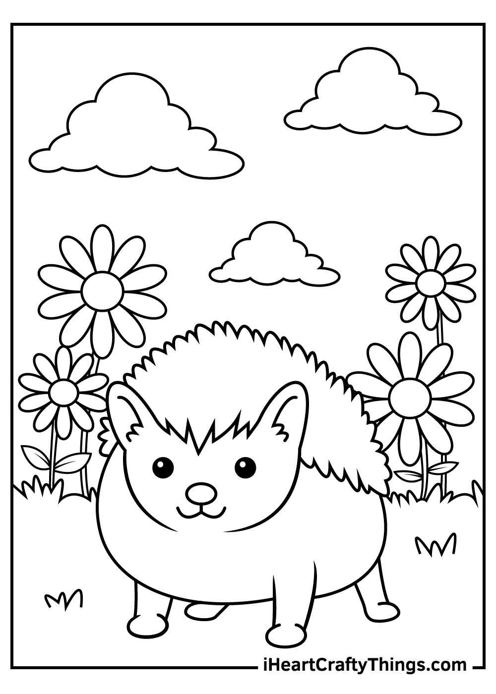 Free coloring sheet of a happy hedgehog posing outdoors surrounded by various flowers and grass