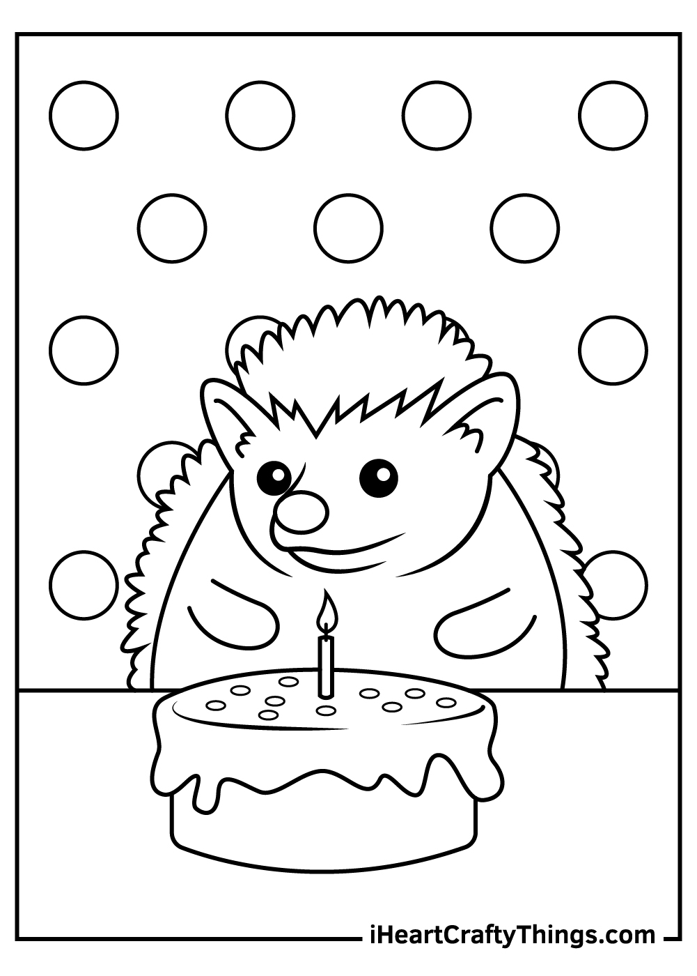 Free coloring page featuring cartoony hedgehog sitting next to birthday cake decorated with one candle