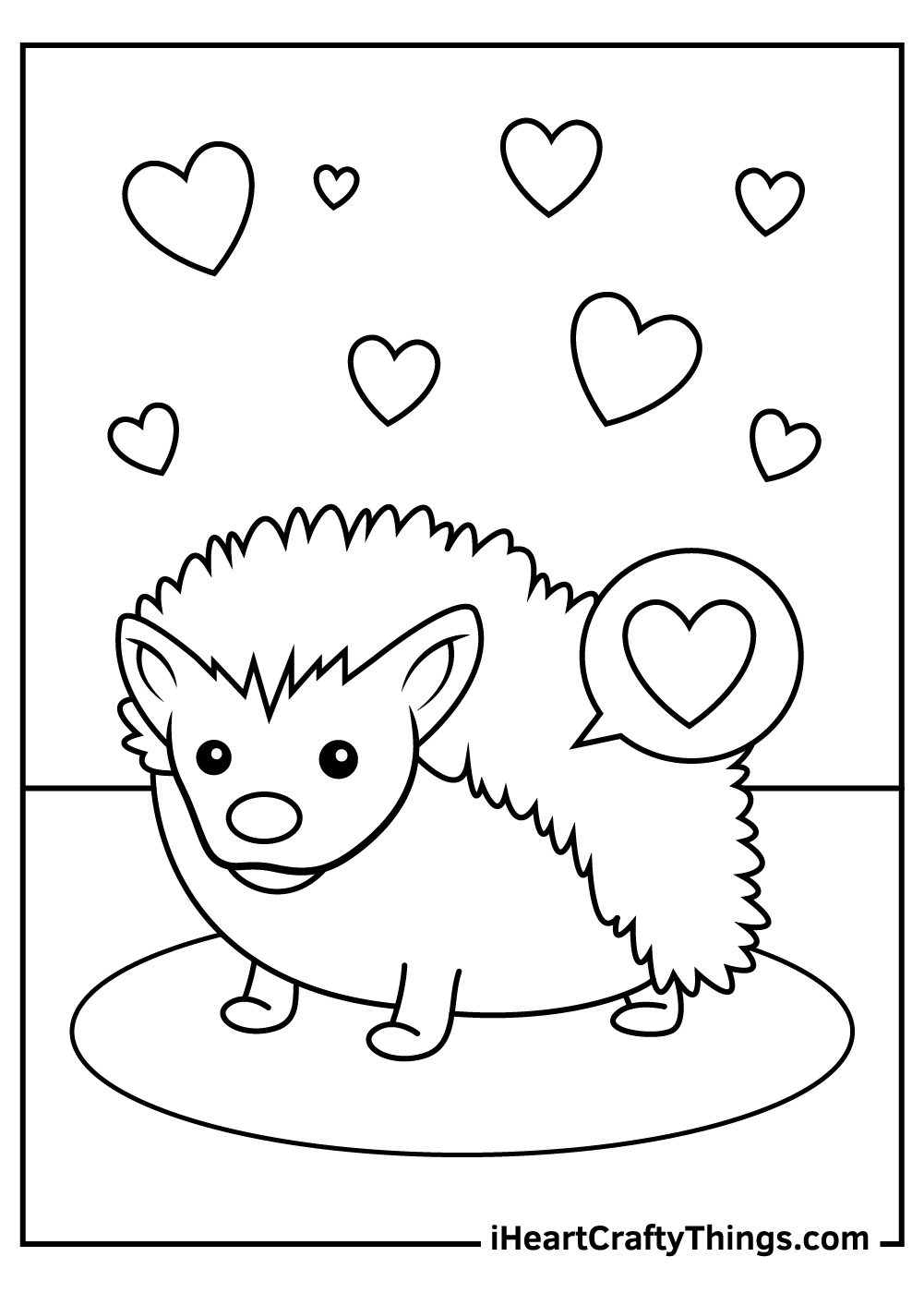 Coloring card for kids of a very loving hedgehog featured on a spotlight surrounded by plenty of hearts