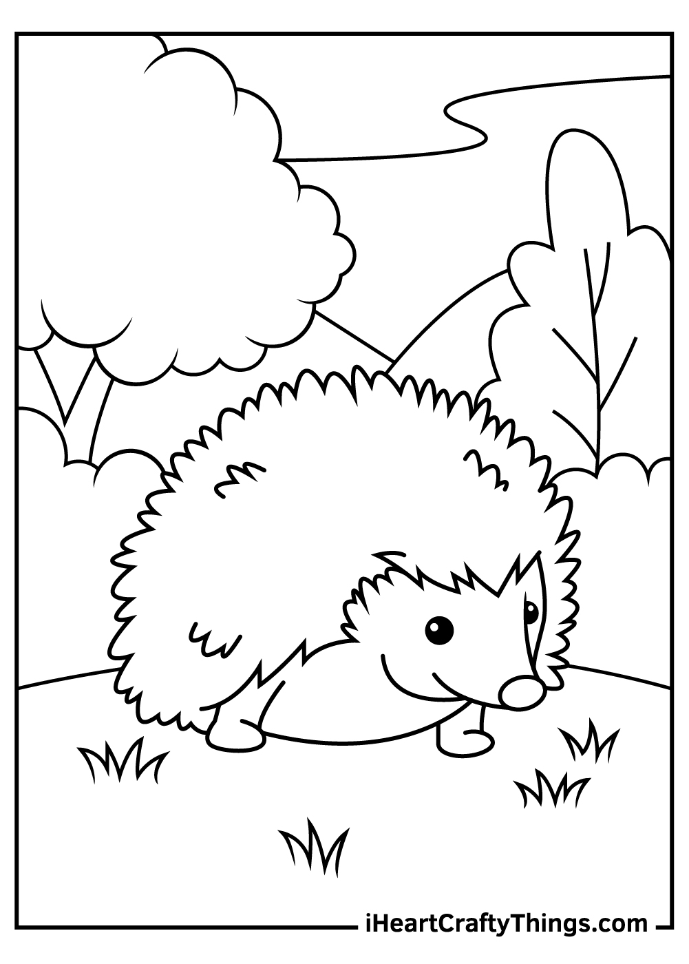 Detailed coloring picture of a hedgehod featured on a grass with forest in the background