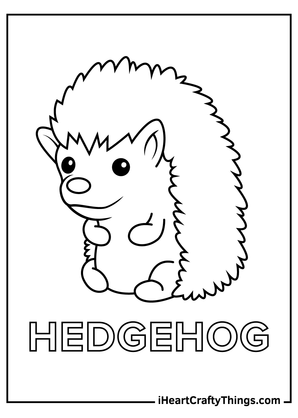 Coloring poster for children featuring sitting hedgehog and a word HEDGEHOG under it