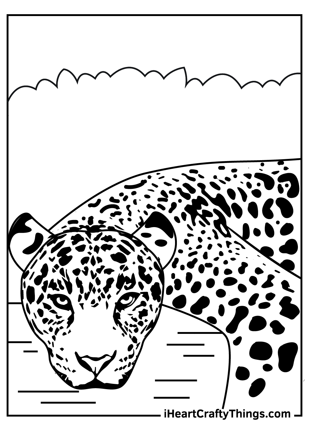 Printable coloring sheet featuring a closeup of an adult jaguar with some bushes in the background