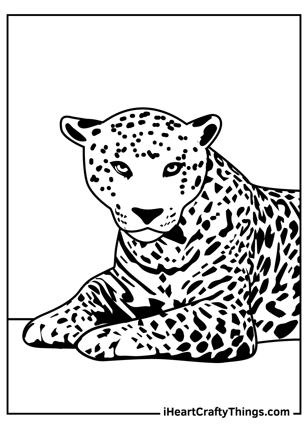 Printable coloring picture featuring a jaguar who is laying down and looking straight ahead