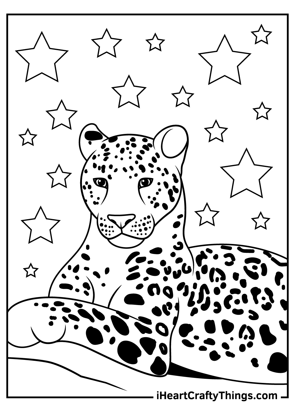 Detailed coloring page featuring majestic jaguar posing proudly surrounded by stars