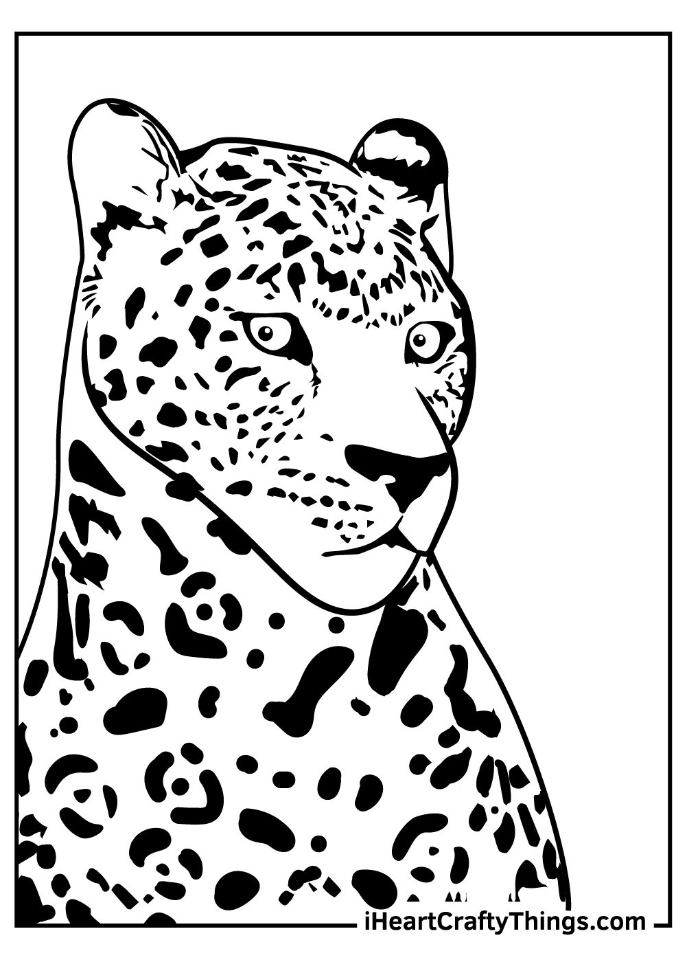 Detailed printable coloring portrait of an adult jaguar looking a bit nervous or surprised