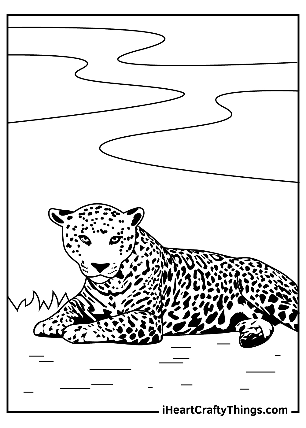 Free coloring picture featuring relaxed jaguar resting on a pathway with wavy lines in the sky