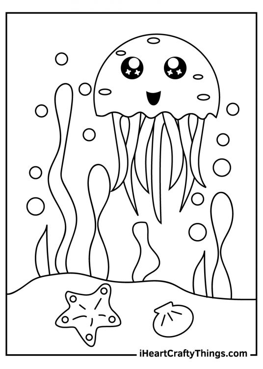Picture for pre-schoolers of a cute jellyfish surrounded by some seaweed and bubbles