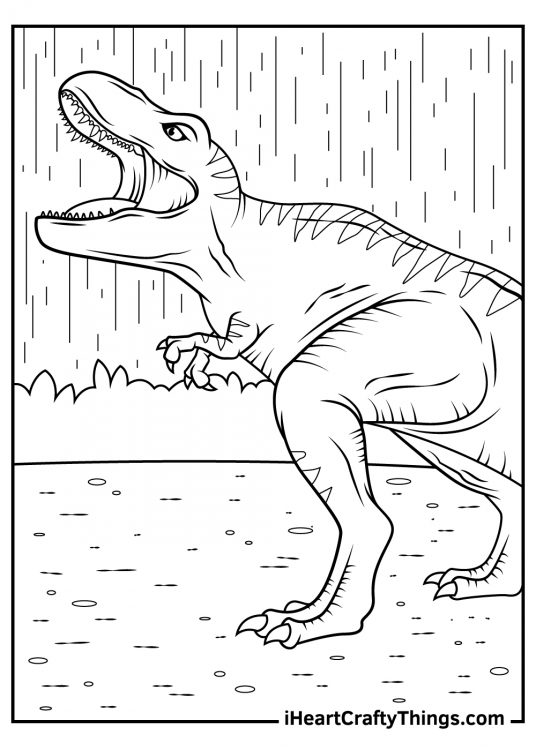 Jurassic Park-themed coloring picture featuring Tyrannosaurus rex doing a roar with large powerful jaw