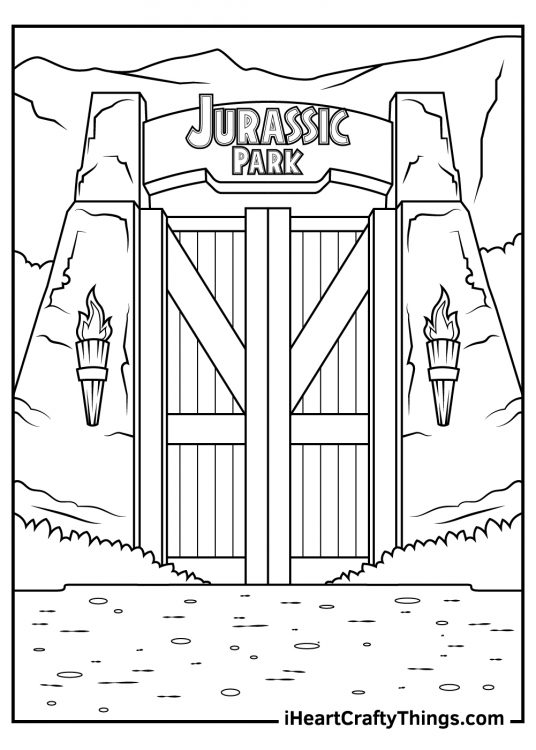 Free printable coloring page for children featuring famous Jurassic Park gate with rocks behind it