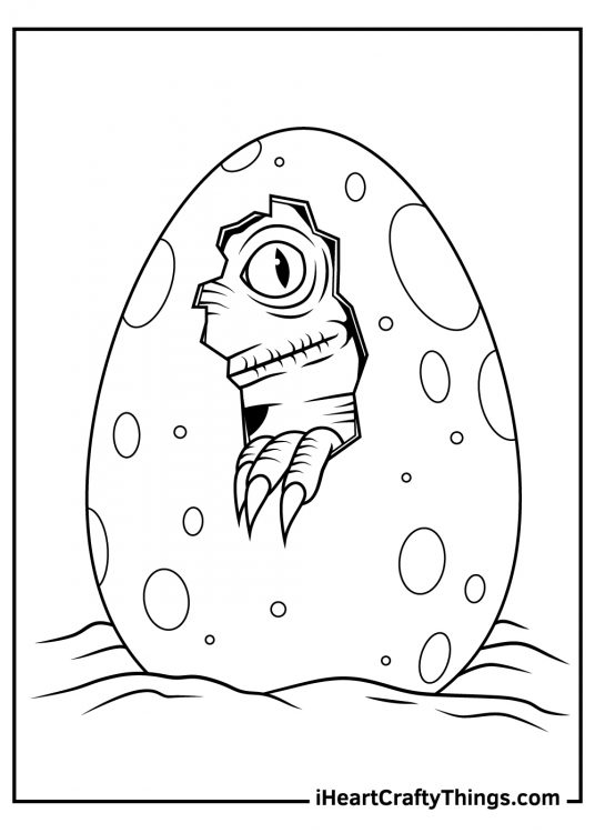 Jurassic Park coloring page depicting a hatching Velociraptor egg and lizard-like eyes peeping out of the shell