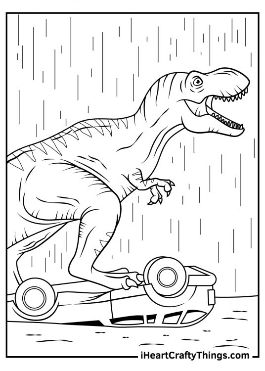 Jurassic Park printable picture featuring iconic scene of a T-Rex crashing a car