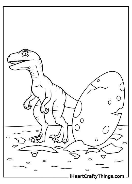 Jurassic Park-themed printable coloring page featuring a small Velociraptor coming out of its eggshell