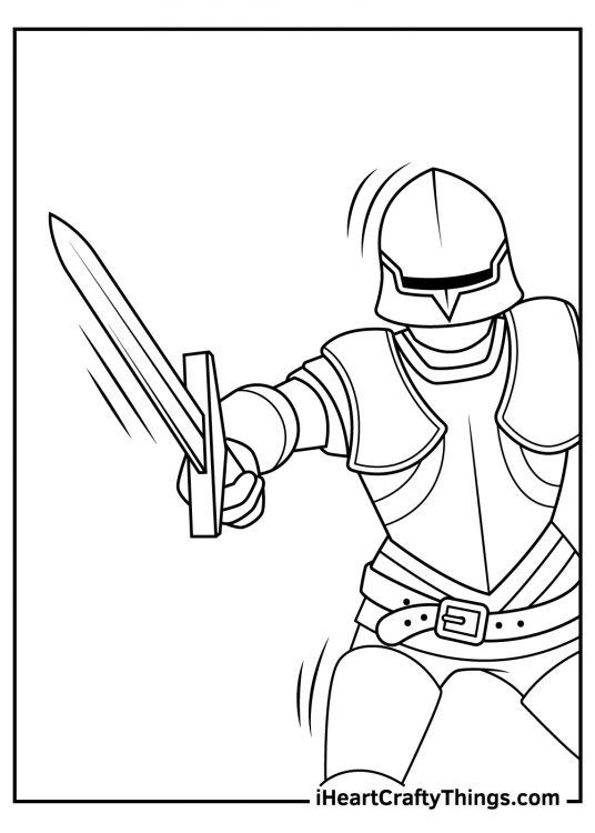 Free printable coloring page of a knight in the action while swinging his sword down hard
