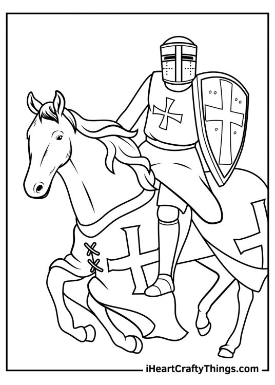 Detailed coloring picture for adults featuring a brave knight in armor riding on his horse