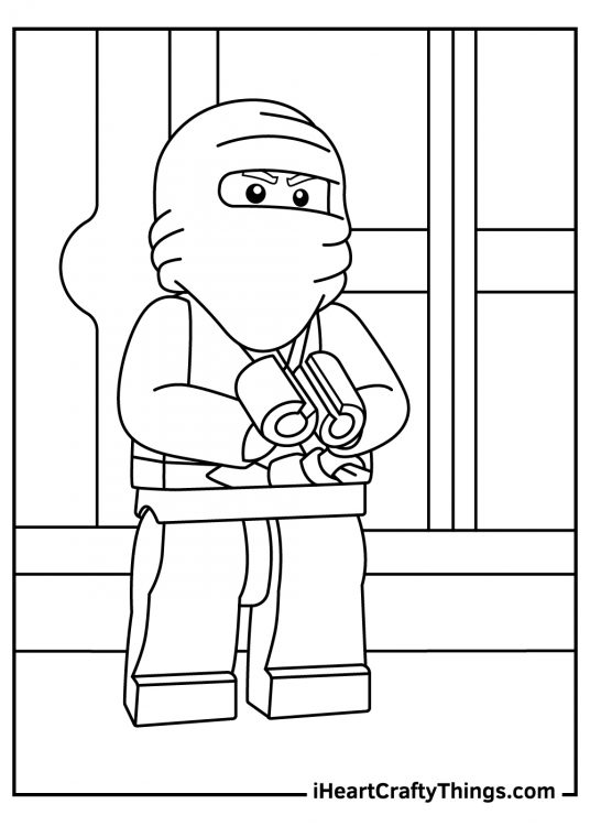 Lego Ninjago-themed coloring pdf showing a ninja with covered face standing in front of some buildings