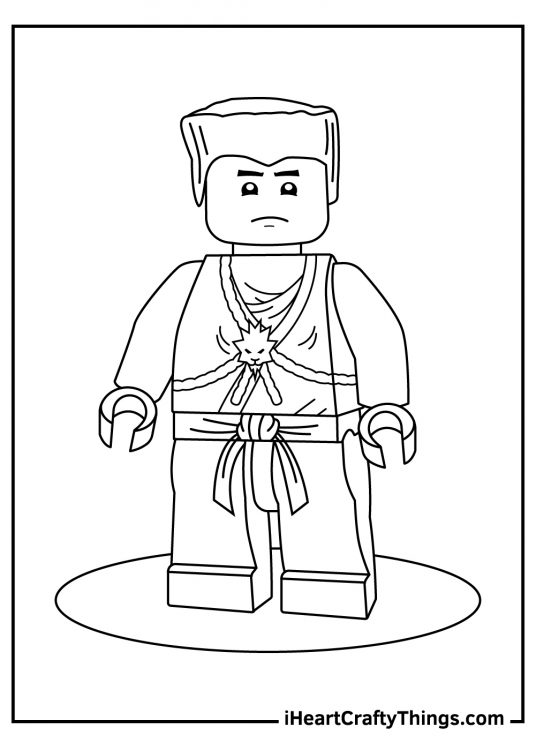 Lego Ninjago coloring sheet featuring a character Zane looking calm and posing on some spotlight