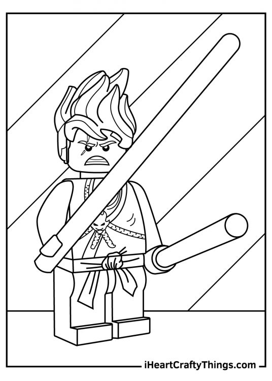 Printable coloring sheet for children featuring Lego Ninjago character wielding two staffs