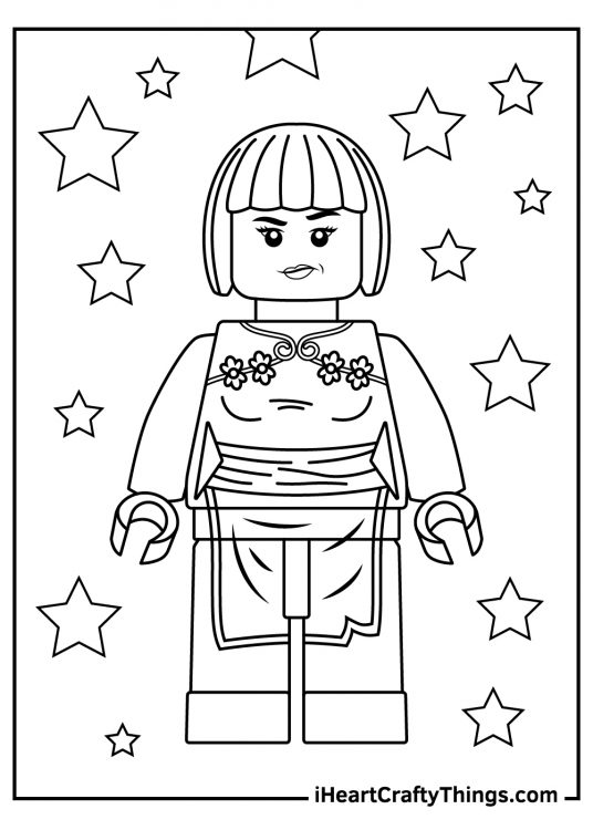 Detailed Lego Ninjago coloring page featuring a female ninja surrounded by stars