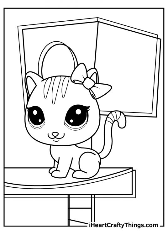 Free Littlest Pet Shop-themed printable page featuring cute kitten with a bow sitting in a cat play house