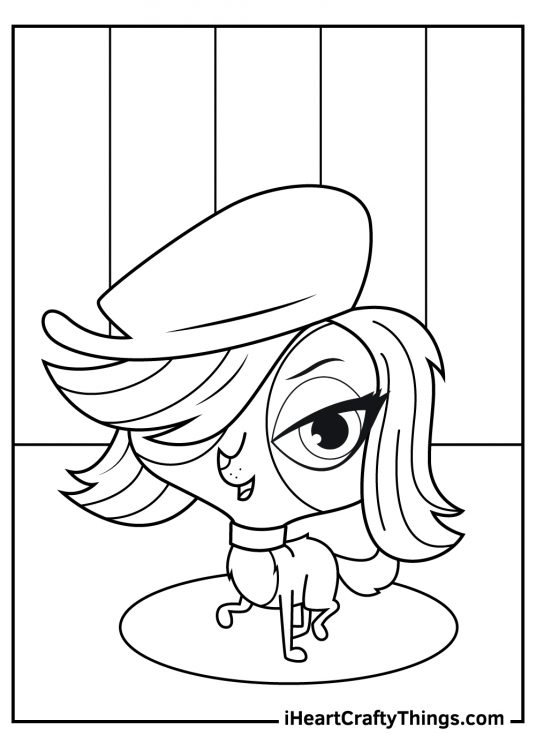 Fancy puppy Zoe wearing a beret posing in a spotlight free printable page to color