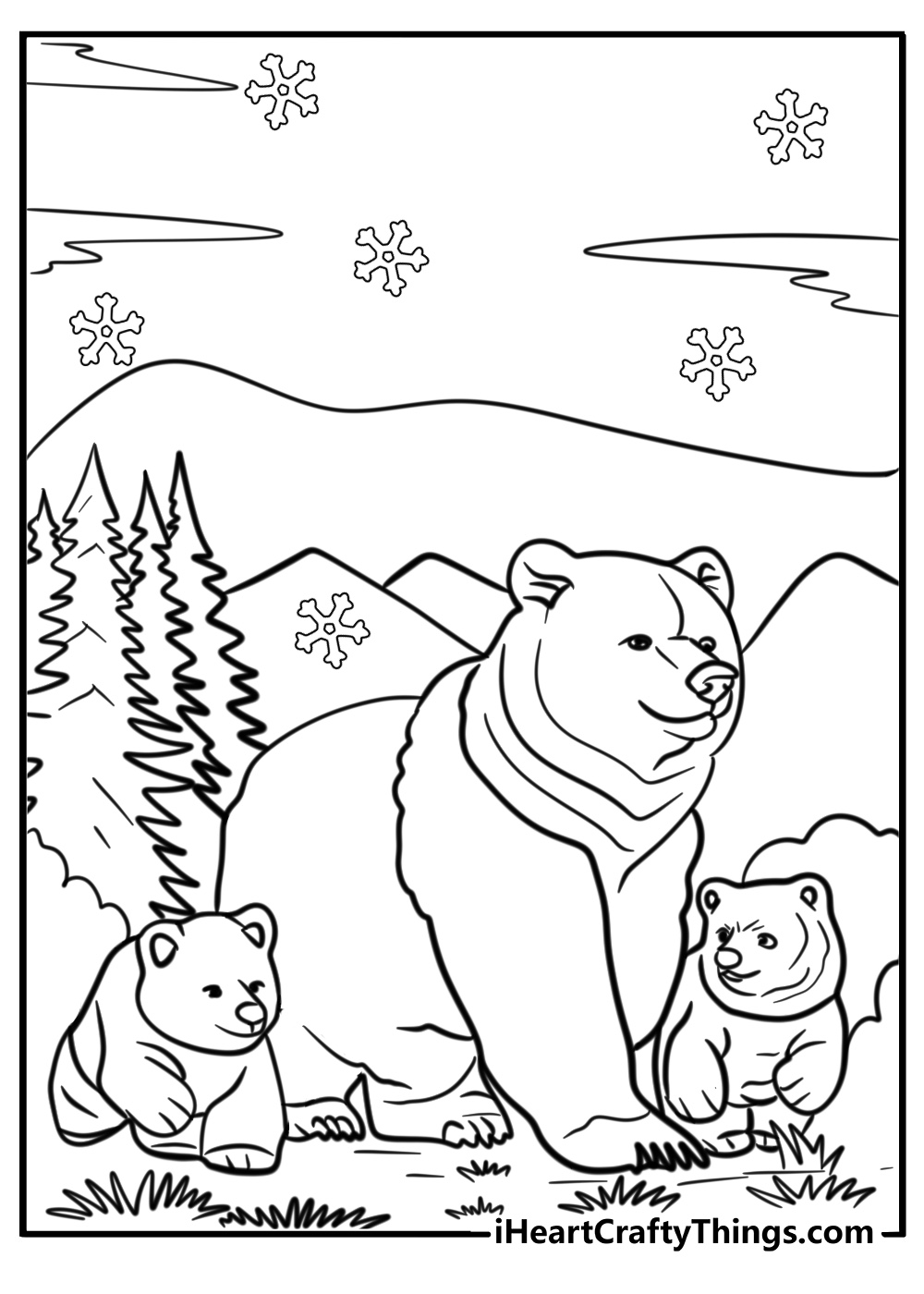 Mama bear coloring page walking with her two cubs in forest
