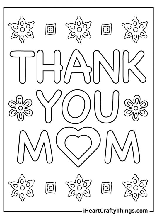 Mothers day coloring poster with a THANK YOU MOM message surrounded by various shapes