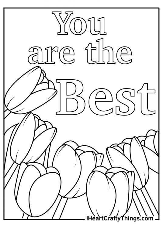Mothers day card with many tulips at the bottom of the page and words You are the Best written above them