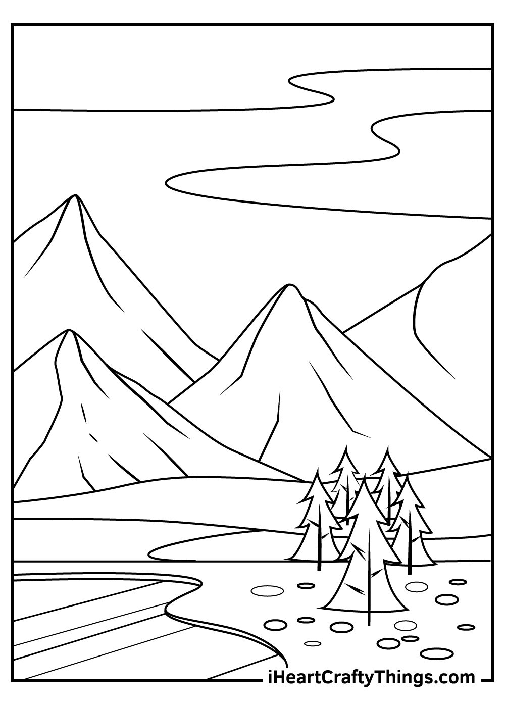 Coloring page of a mountain landscape with a field full of trees in the foreground and clear sky in the background