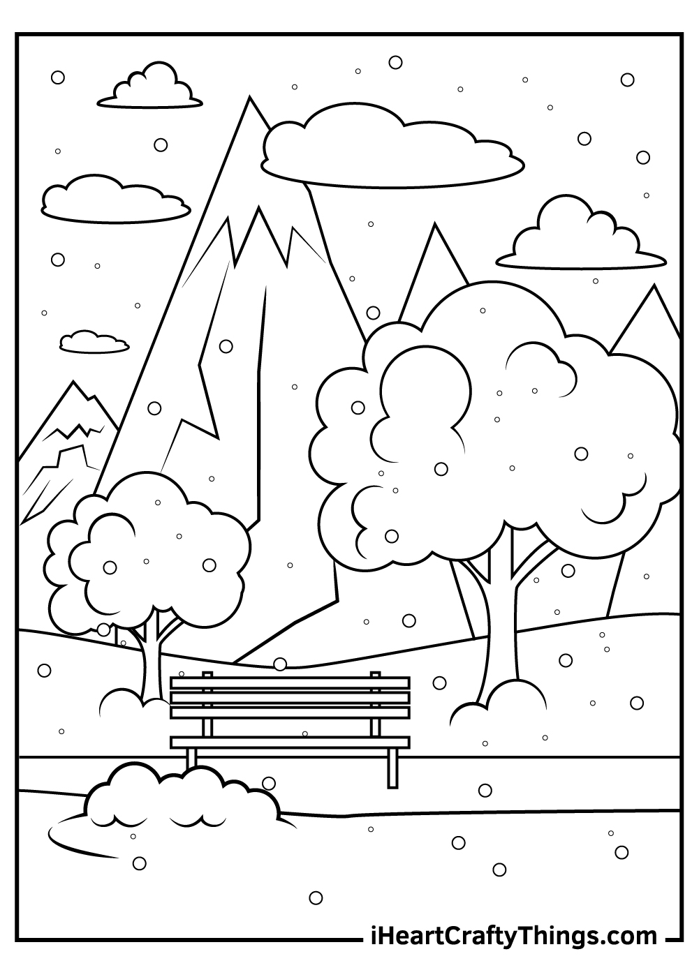 Coloring page for kids featuring mountains in winter surrounded by trees and greeneries with bench at the foot