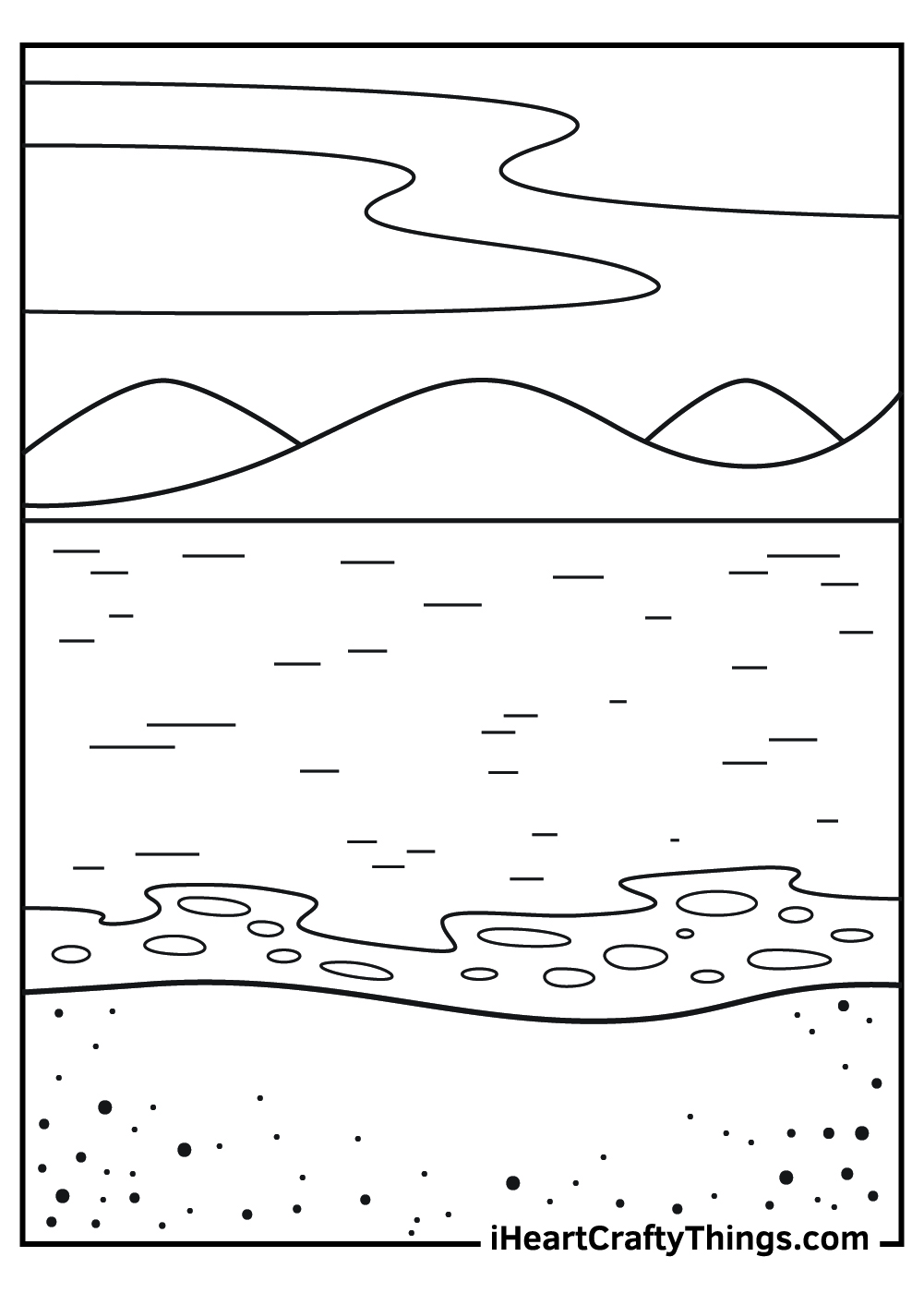 Nature-themed coloring page for kids of the ocean with mountain ridges on the horizon