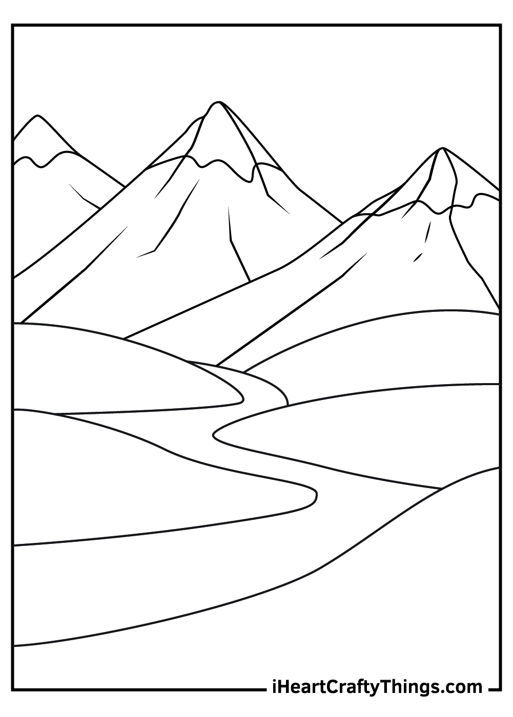 A trail towards three mountains standing shoulder to shoulder on the horizon printable coloring sheet for kids