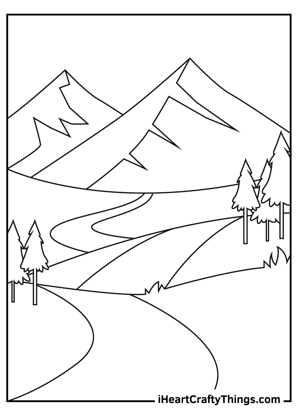 Coloring page featuring valley surrounded by trees and grass with mountains in the horizon