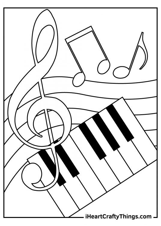 Music-themed coloring picture featuring some music notes and a section of a piano