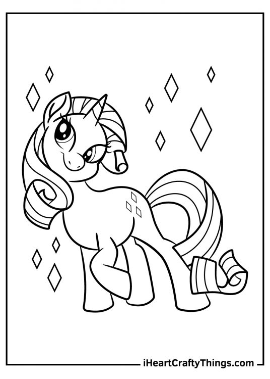 Coloring pdf featuring My Little Pony character Rarity posing like a professional model surrounded by sparkles