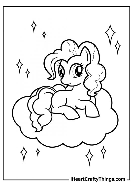 My Little Pony coloring picture for kids featuring glamorous pony Pinkie Pie sitting on a puff cloud