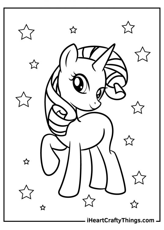 My Little Pony picture of a Rarity posing surrounded by stars with her head tilted to the side and one foot up