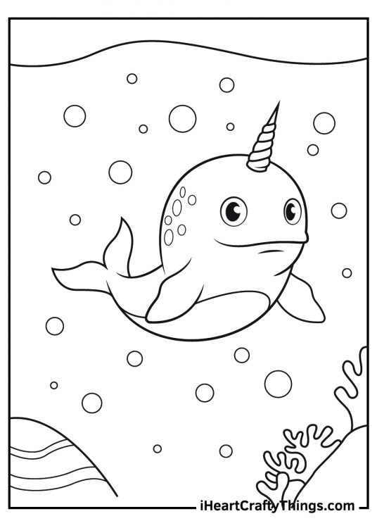 Printable picture for pre-schoolers presenting cute narwhal diving under the sea with water bubbles all around