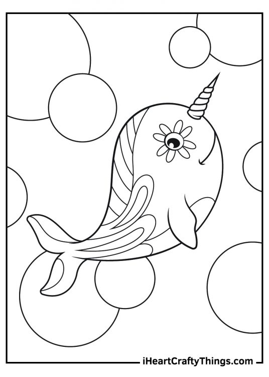 Image of a cartoony narwhal patterned with an intricate design surrounded by various size circles