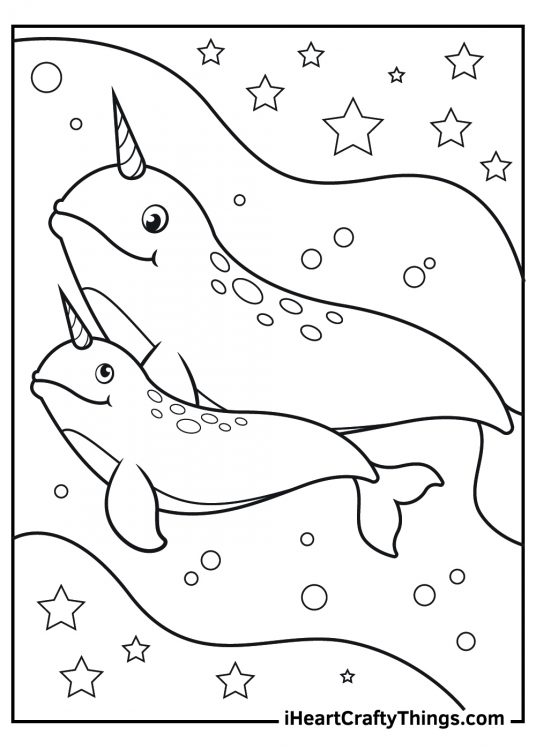 Coloring sheet presenting happy looking narwhal with its little baby swimming beside it