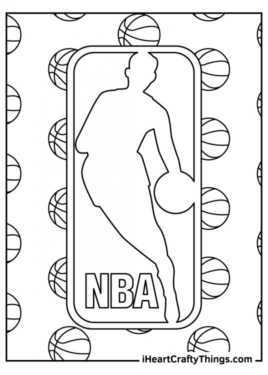 Black-and-white picture for children presenting large NBA logo with many basketballs in the background