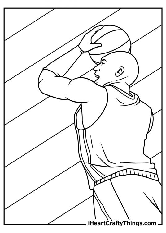 NBA coloring printable for children showing a player performing the basketball dunk