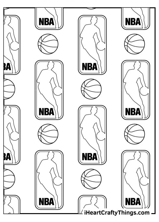 NBA-inspired printable coloring sheet for children featuring multiple NBA logos surrounded by balls